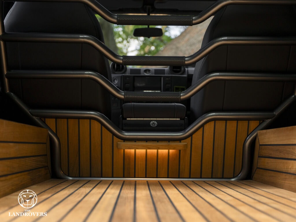 reclaimed teak wood interior of a custom build Defender Panterra